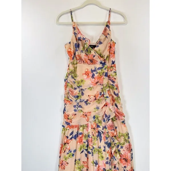 Lulus Dress Blush Pink Stunning Soiree Floral Ruched Midi V Neck Chiffon Small - Image 5