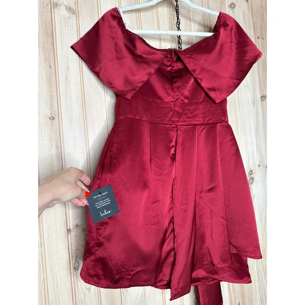 NWT Lulus Always Celebrating Burgundy Satin Off-the-Shoulder Mini Dress Party M - Image 7