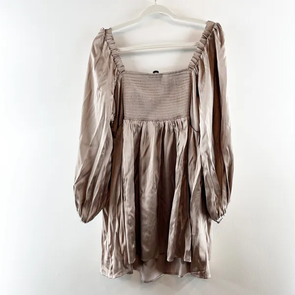 Abercrombie Emerson Long Balloon Puff Sleeve Satin Mini Babydoll Dress Gold XL P - Image 4