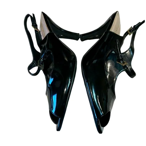 Franco Sarto Womens 9.5M Black Peep Toe Stiletto High Heels Faux Leather Shoes‎ - Image 7