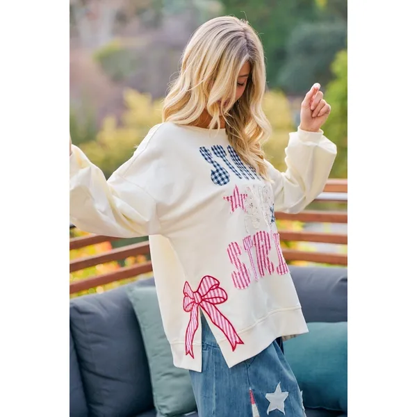BiBi‎ 4th Of July Stars And Stripes Patches Sweatshirt - Cream - Small - Image 15