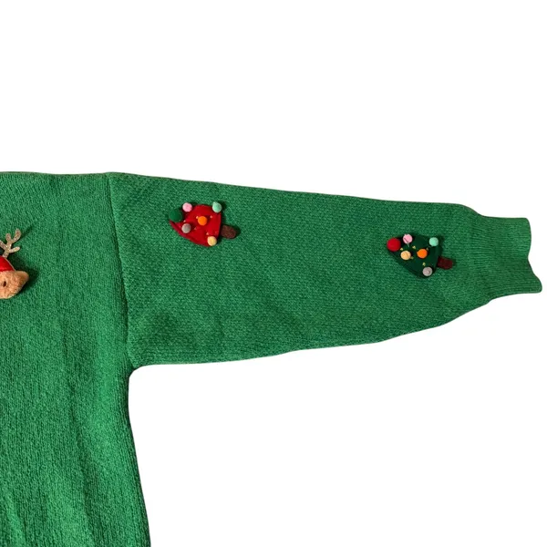 Green Ugly Christmas Sweater Women Large 3D Reindeer Tree Pom Poms Holiday Party - Image 3