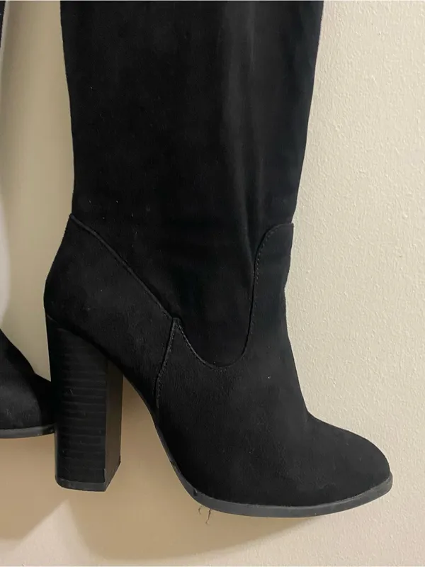 X2B Womens Size 6.5 6 1/2 Black Faux Suede 25” Tall Boots 3.75” Chunky Heel Ties - Image 10