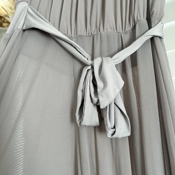 Ruffle Halter Maxi Dress small Taupe Y2K whimsi Fairy Grunge Romantic Boho slit - Image 8