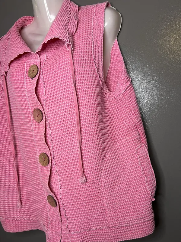 Focus Vest Womens Large Pink Cotton Knit Button Front Pockets Ruffle Collared - Image 4