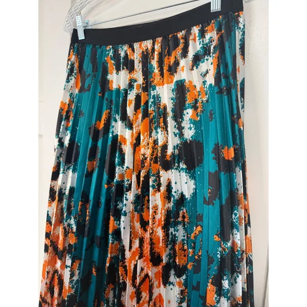 Kosmios Women Teal Orange Abstract Digital Print Pleated Midi Skirt TC5226 Large - Image 4