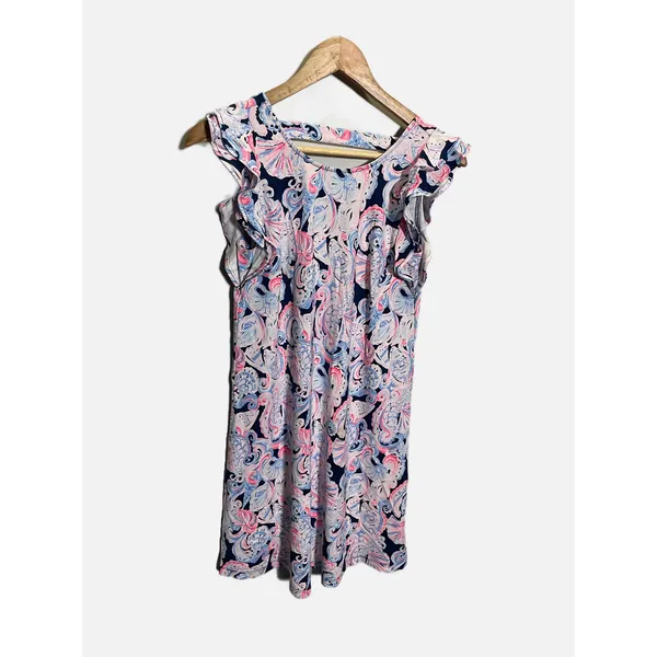 Lilly Pulitzer Dani Dress Womens XS Navy Pink High Tide Ruffle Shift Resort Wear - Image 2