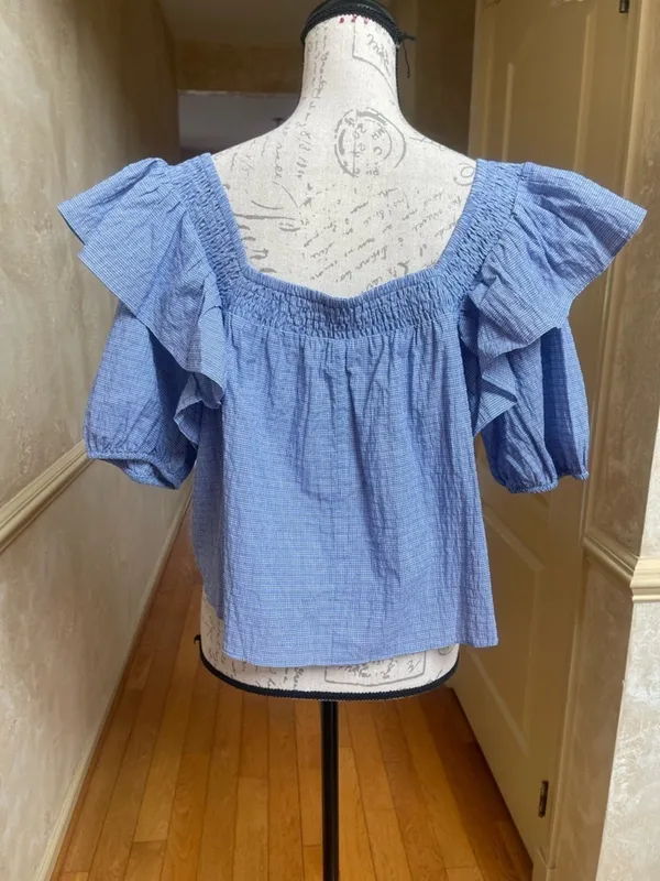 Zara Blue Gingham Ruffle Smocked Blouse XL Cotton Coquette Coastal Picnic Top - Image 4
