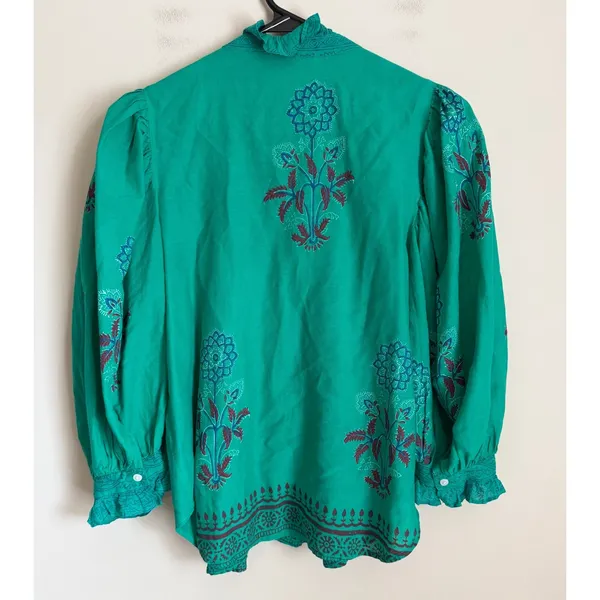 Oliphant Blouse Womens XS Ruffle Green Floral Puff Sleeve Tuckerneck - Image 2