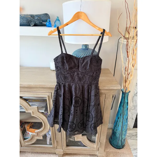Zara Eyelet Bustier Mini Dress Womens Black Medium Cotton Smocked Back‎ LBD - Image 2