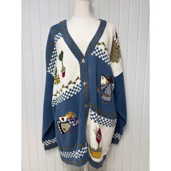 Quacker Factory Blue Garden Angel Embroidered Cardigan Sweater‎ 2X Heart Buttons - Image 14