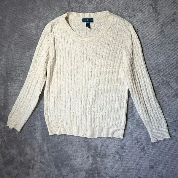 Karen Scott LRG Cream Cable Knit Crewneck Sweater Cotton Blend Speckled Academia - Image 2