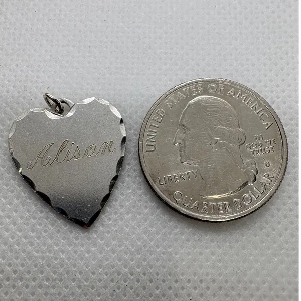 Vintage Sterling‎ Silver Heart Charm Alison 8-8-54 Scalloped Edge Pendant 2.34g - Image 4