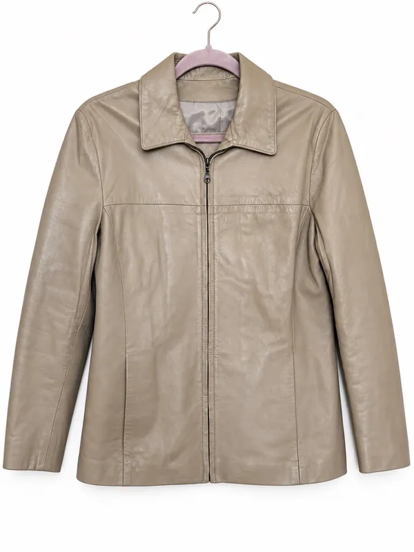 Vintage Victoria Genuine Leather Jacket M Taupe Minimalist Y2K Zip Quiet Luxury - Image 2