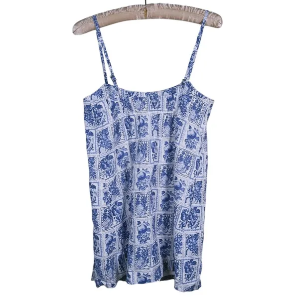 Abercrombie & Fitch Linen Mini Dress Postcard Stamp Size XS Blue Floral Coastal - Image 3