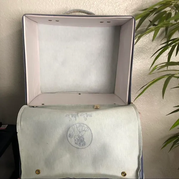 Vintage Blue Travel Box Luggage Hat Box Carry On Case Retro Square Suitcase MCM Lady Love Brass Hardware Approx 14” wide x 11.5” Long x 7” Deep - Image 8