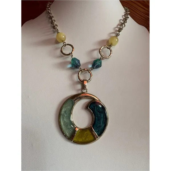 Vintage Teal, Green & Yellow Moon Pendant Necklace - Image 3