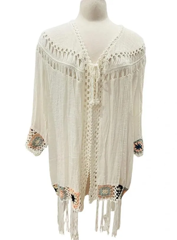 RAIN Boho Open Front Crochet Fringe Cardigan Large NWT - Image 5