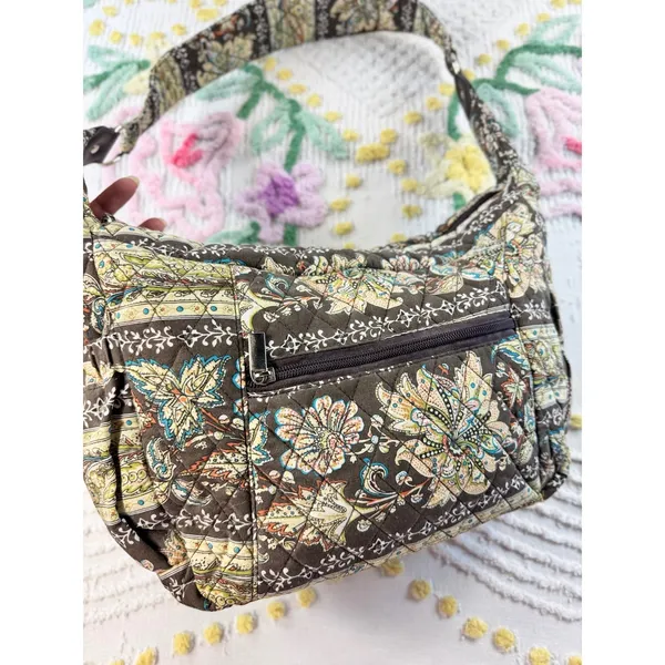 Quilted vtg‎ Floral Paisley Cotton Shoulder Bag Brown Hobo Purse Zippered Pocket - Image 5