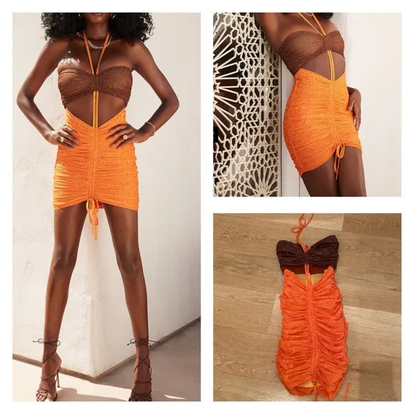 Mistress Rocks let Me Go Chocolate Orange Print Ruched Halter Mini Dress Size XS - Image 2