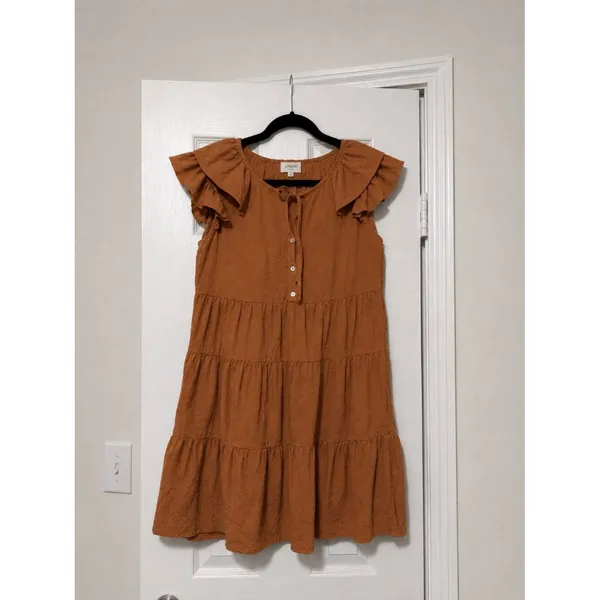 Umgee Rust Tiered Mini Dress Ruffle Sleeve Boho Cottagecore Size Small - Image 2