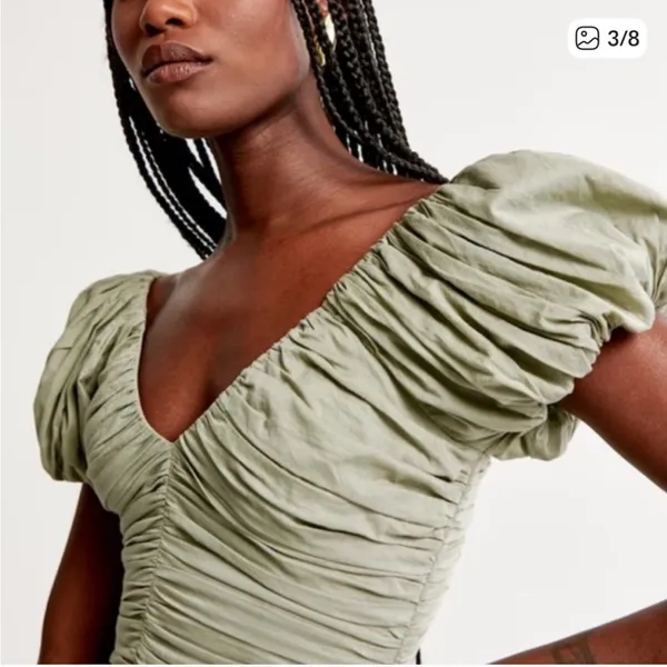 Abercrombie & Fitch Drama Puff Sleeve Ruched Mini Dress Sage Green Petite Large - Image 3