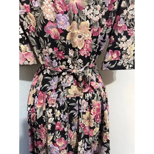 Miss Dorby Vintage 90s Floral Midi Dress L Black Purple Button‎ Front USA Made - Image 15