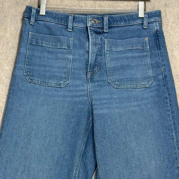 Spanx Womens Large Quiet Luxury Blue Boho Retro Wide Leg Denim Jeans Casual Chic - Image 7