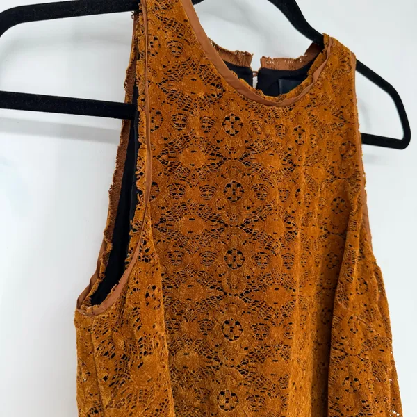 Anthropologie Maeve Amis Dress 4 Burnt Orange Floral Lace Ruffle Hem Lined - Image 8