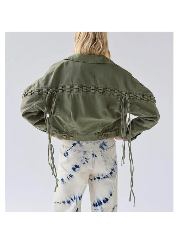 Urban Outfitters Army Olive Green BDG Samarria Laced Fringe Denim Trucker Jacket - Image 6