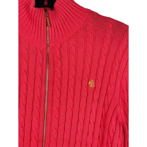 Lauren Ralph Lauren XL Dark Coral Cable Knit Full Zip Sweater Cotton Preppy Logo - Image 4