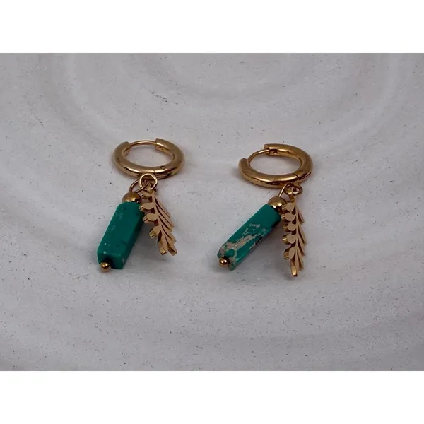 Turquoise Stone Leaf Charm Hoop Earrings Gold Tone Stainless Steel Boho - Image 3
