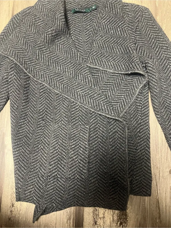 Lauren Ralph Lauren Gray Herringbone Asymmetric Open Front Cardigan Knit PS - Image 3