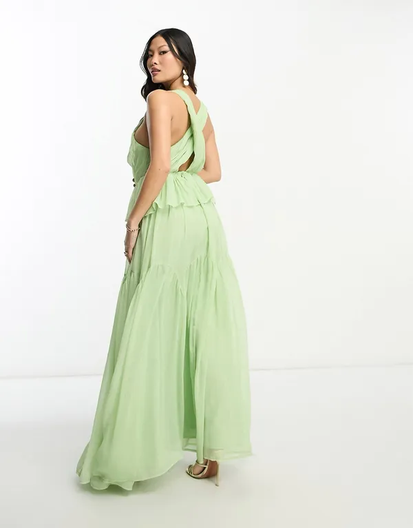 NWT ASOS light green full length plunge dress with cross over back detail US size 4 - Image 2