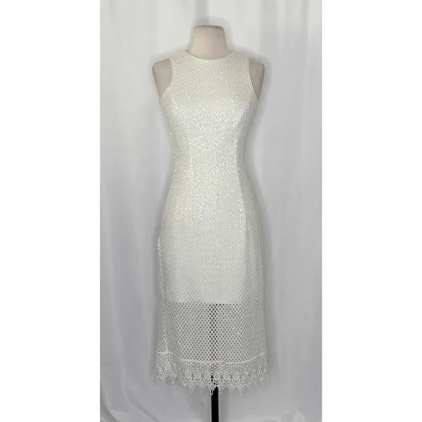 DRESS THE POPULATION Alina Sequin Crochet Lace Midi Dress Bridal‎ White Small - Image 2