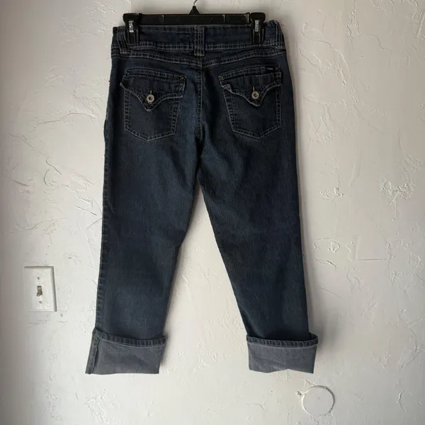 Angels Jeans Y2k Button Pockets‎ Mid Rise Dark Wash Cuffed Capri Jeans Size 10 - Image 7