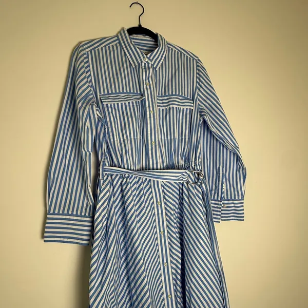 Free Assembly Blue White Striped Cotton Midi Shirt Dress D-Ring Belt L 12-14 - Image 3