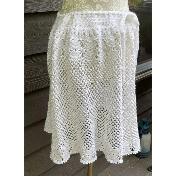 Vintage Handmade Crochet Lace Skirt Cover Up White Boho Festival Drawstring M - Image 13