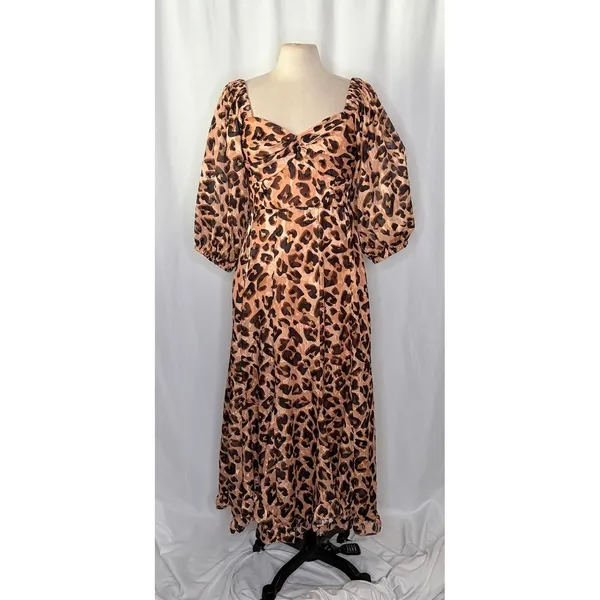 Anthropologie HUTCH Twist Puff Midi Dress Animal Leopard Print Smocked Medium - Image 2
