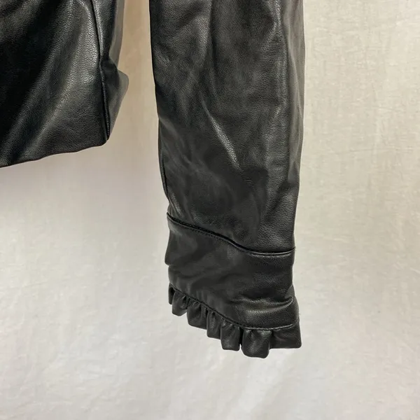 Catherine Malandrino Black Faux Leather Zip Up Ruffle Trim Cropped Jacket M - Image 5