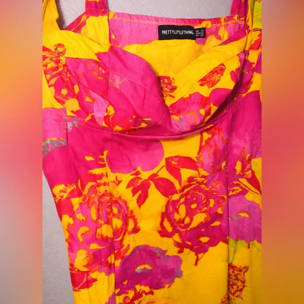 PrettyLittleThing Yellow & Pink Floral Tie-Shoulder Mini Dress - Image 4