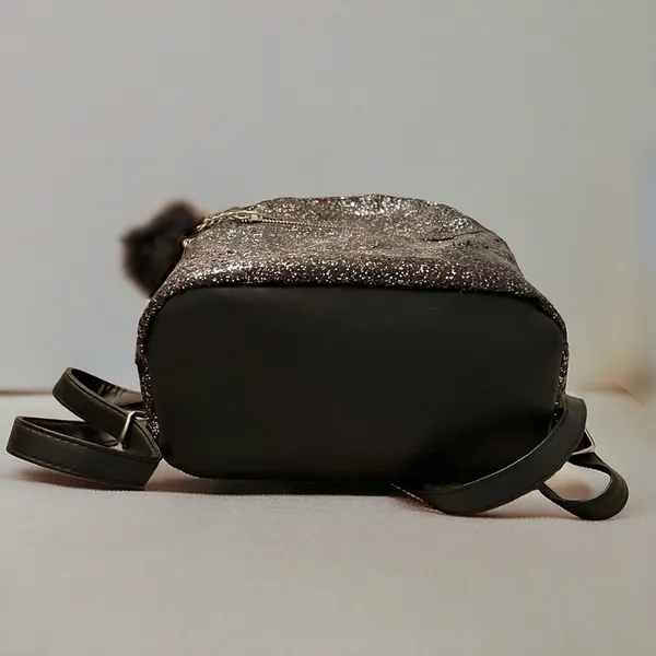 Black Glitter Faux Leather Mini Backpack with Pom-Pom Charm & Zippered Pockets - Image 11