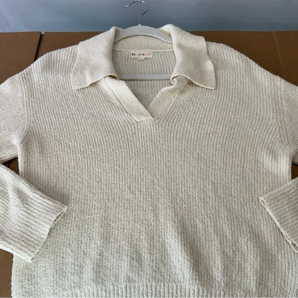 Roller Rabbit Organic Cotton‎ Blend Oversized Rocio Collared Sweater Cream Beige - Image 6