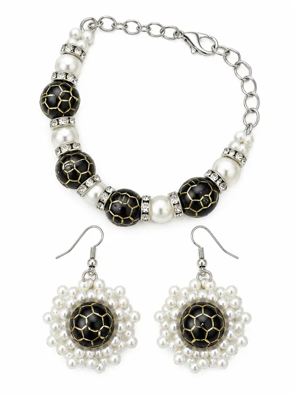 Artisan Bracelet Earrings Set Handcraft Black Gold Enamel Bead Pearl Rhinestone - Image 3