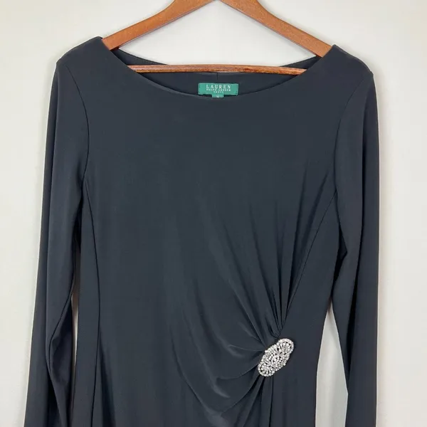 Lauren Ralph Lauren Dress 14 Black Sheath Ruched Broach Long‎ Sleeve Flattering - Image 2