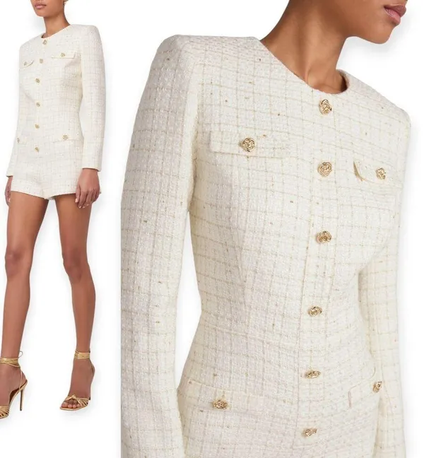 Amanda Uprichard | NWT | M | White with Gold Accent Tweed Fallon Romper - Image 2