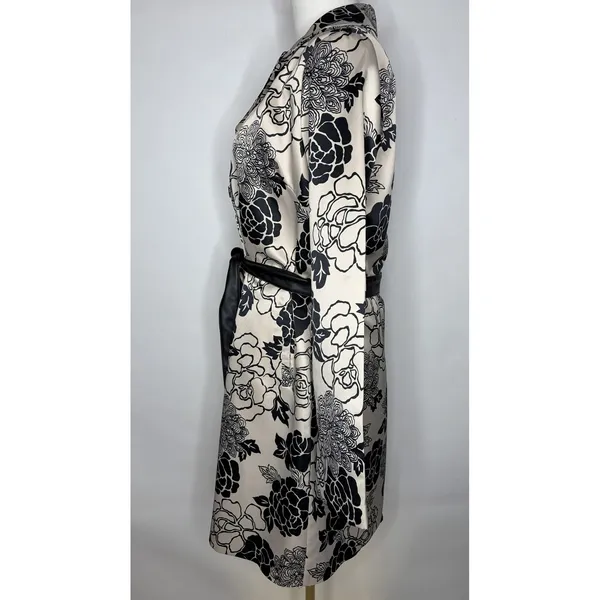Just In Time Floral Trench Coat Cream Black Satin Duster Leather Belt Med - Image 4