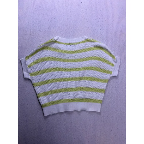 EVEREVE Short Sleeve Sweater Womens XS White Lime Striped Cotton Knit Pullover - Image 7