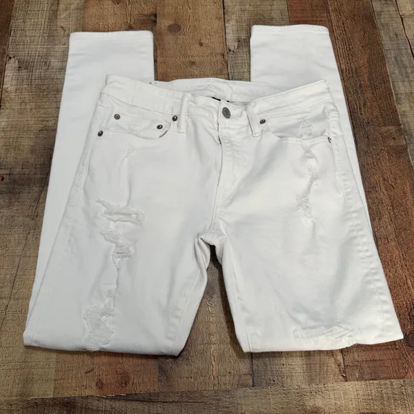 American Eagle Wmns White Denim Ripped Skinny Jeans Sz 32 Closet Staple Stretch - Image 2