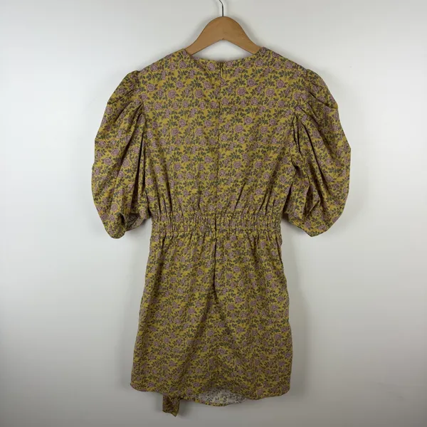 Aureum Ruched Sash Mini Dress Size XS Yellow Floral Cottage Feminine Prairie‎ - Image 5